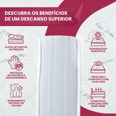 Colchão branco com ícones e texto em vermelho sobre benefícios de descanso