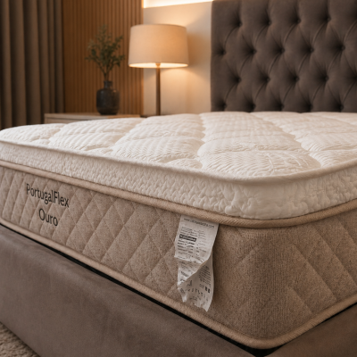 Colchão PortugalFlex Ouro em cama com cabeceira estofada e candeeiro ao lado