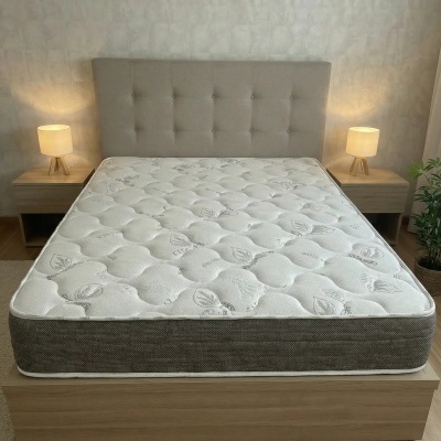 Cama de casal com colchão branco e cabeceira estofada cinza, candeeiros em mesas de cabeceira de madeira clara