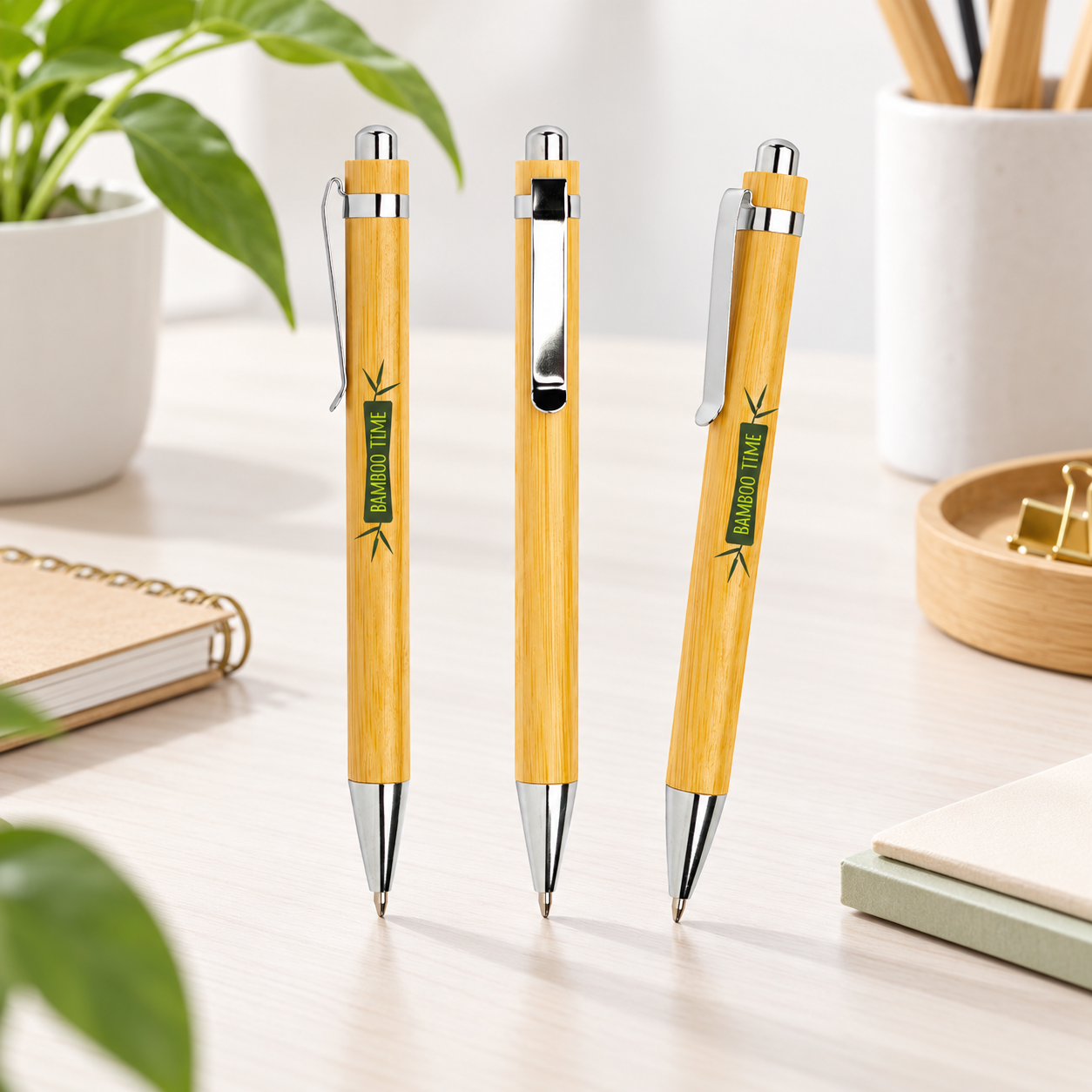 Esferográfica de Bambu Personalizada Bampen Três canetas de bambu com texto BAMBOO TIME em ambiente de escritório