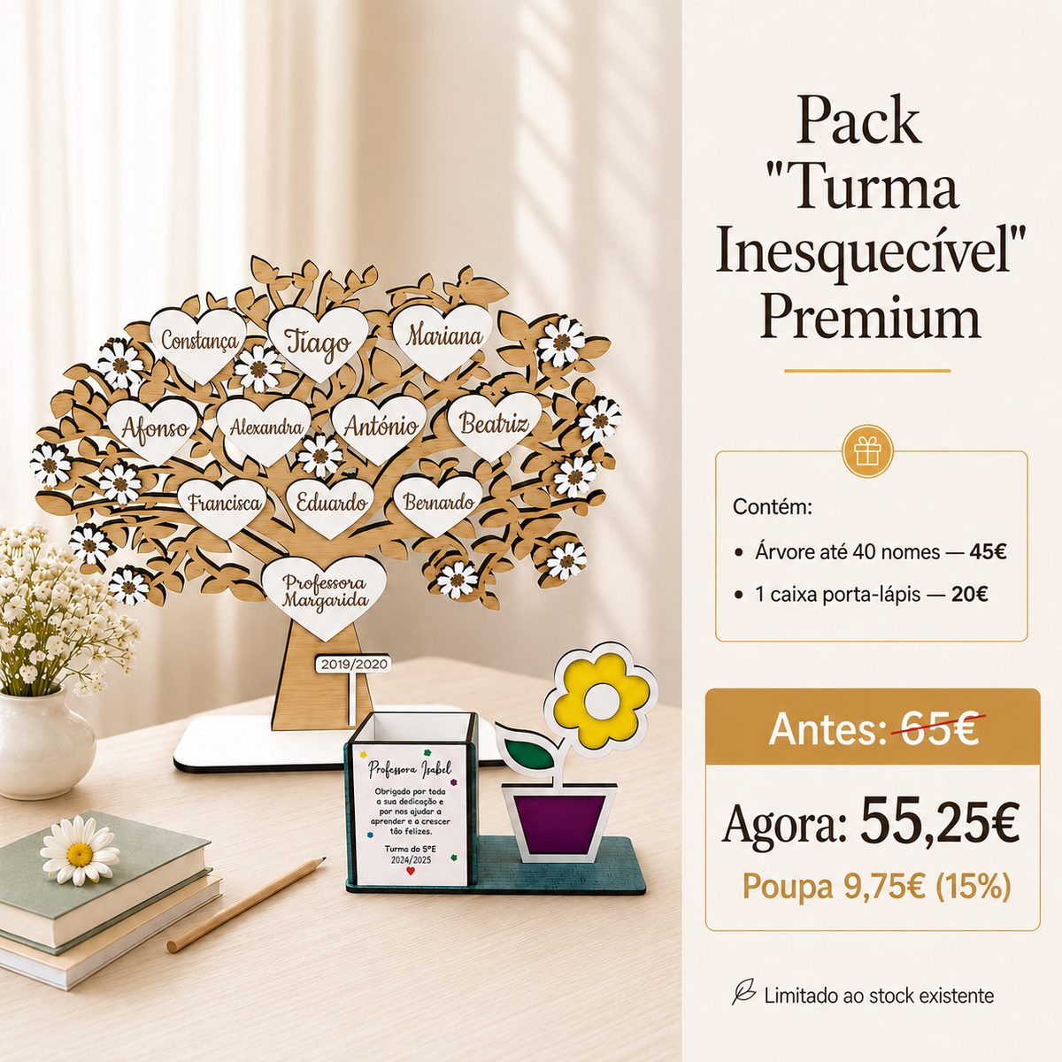 Pack “Turma Inesquecível” Premium Árvore decorativa em madeira com corações brancos expostos em mesa ao lado de caixa porta-lápis com flor colorida.