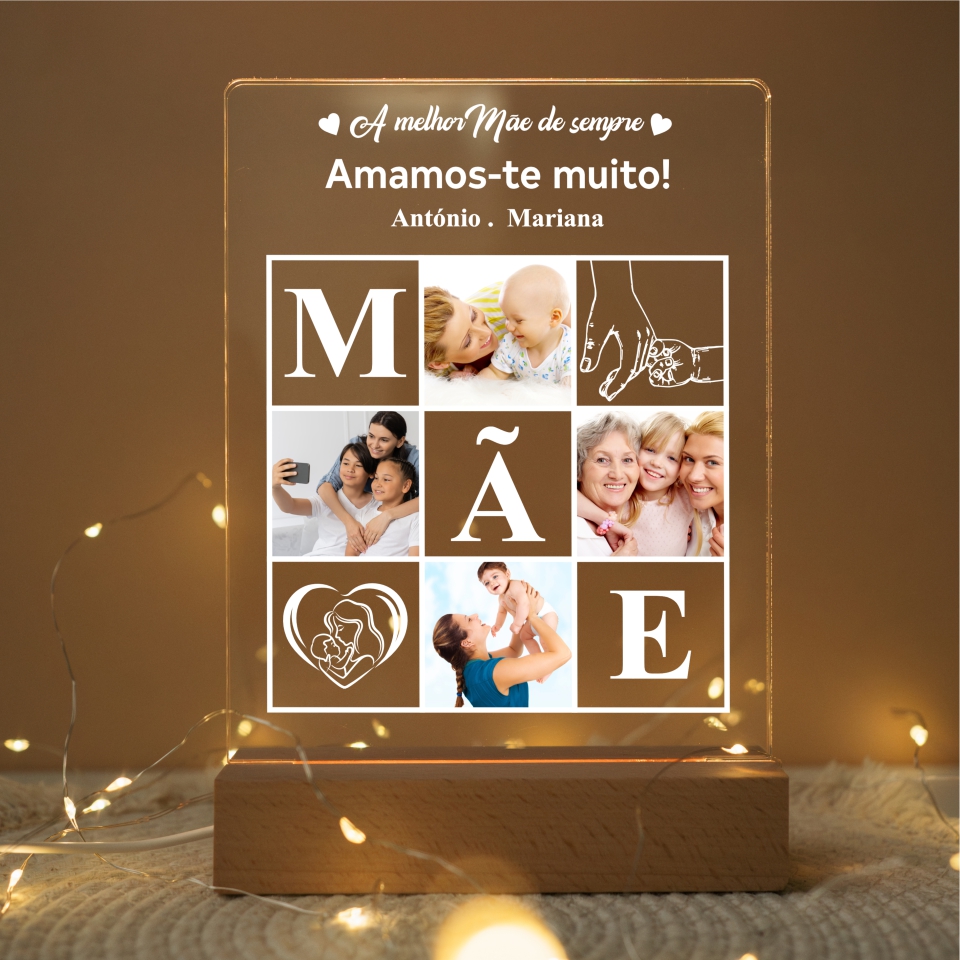 Placa luminosa para mãe com fotos, desenhos e texto em acrílico e base de madeira