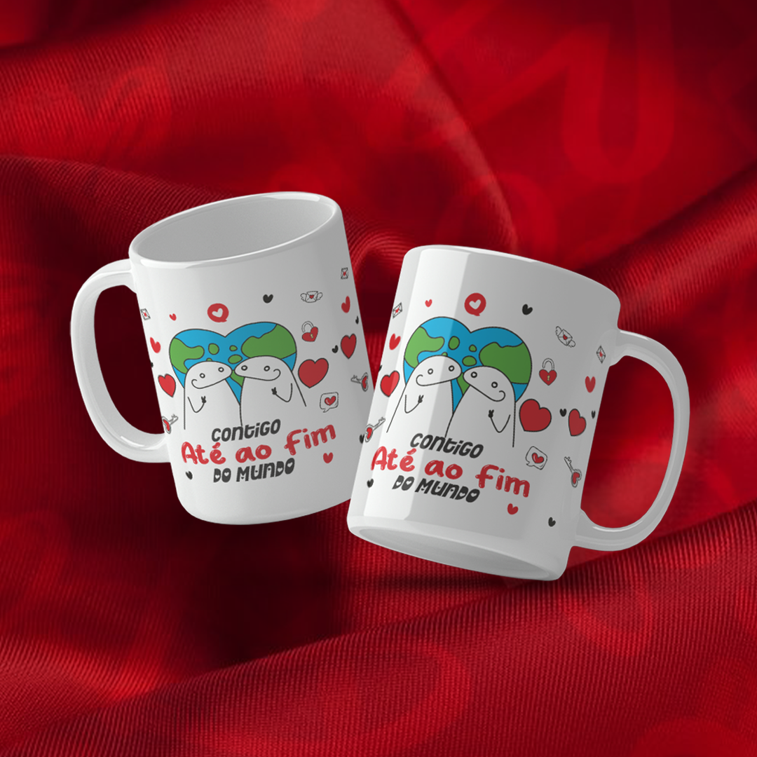 Caneca Dia dos Namorados 'Flork' - Contigo até ao Fim do Mundo Duas canecas brancas com desenho colorido e texto em português sobre fundo vermelho