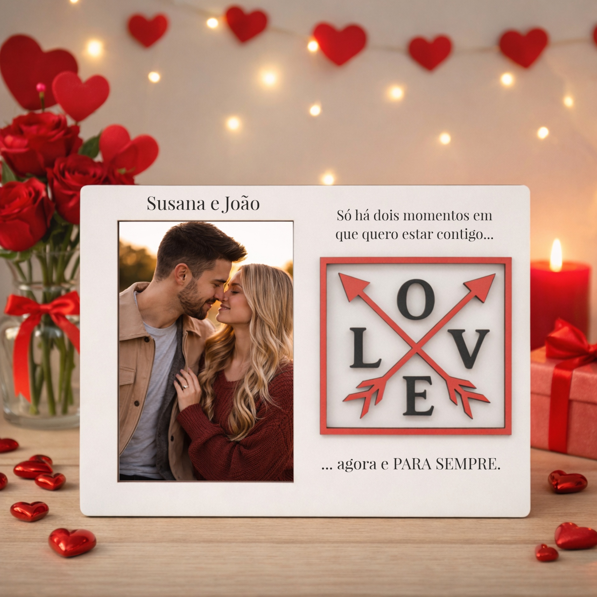 Moldura Namorados com Aplique "LOVE" 3D Moldura branca com foto de casal, relógio decorativo com palavra LOVE em fundo romântico com corações vermelhos e luzes.