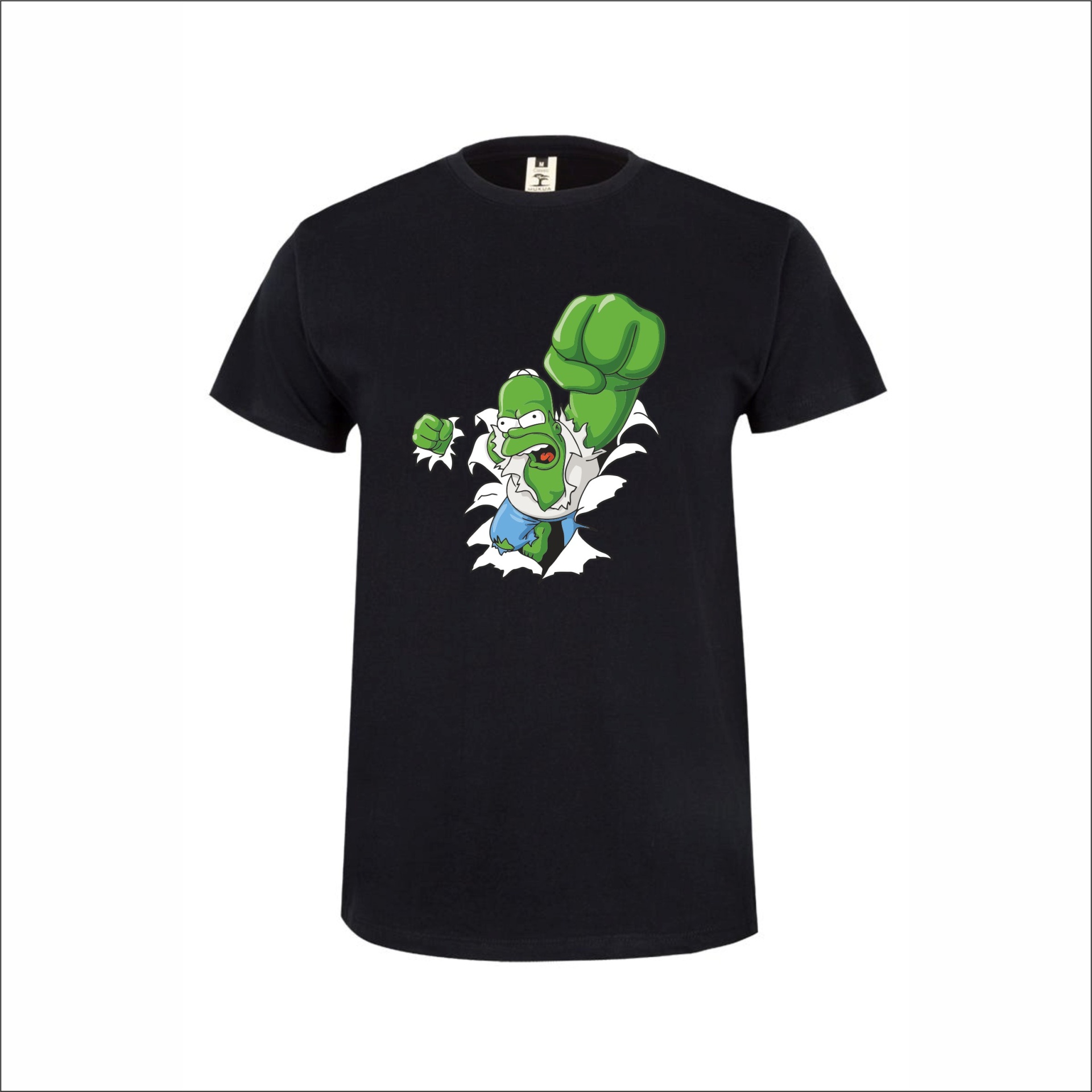 Hulk Homer T-shirt preto com personagem verde estampada a romper a camiseta.