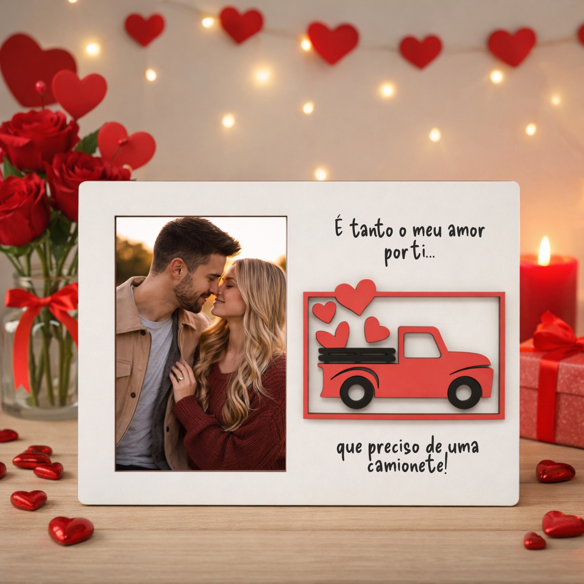 Moldura Namorados com Aplique Camionete 3D Cartão de amor com foto de casal, corações vermelhos e texto em português