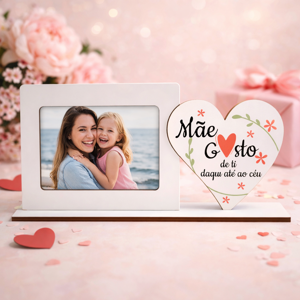 Moldura "Mãe, Gosto de ti daqui até ao céu" Moldura branca com coração decorativo e mensagem para mãe em fundo rosa com flores e presente