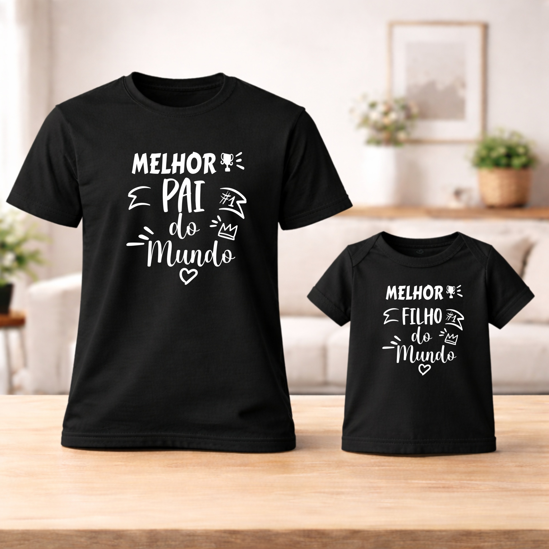 Conjunto T-shirts Dia do Pai - "Melhor Pai/Filho(a) do Mundo" Dois t-shirts pretas para pai e filho com texto branco