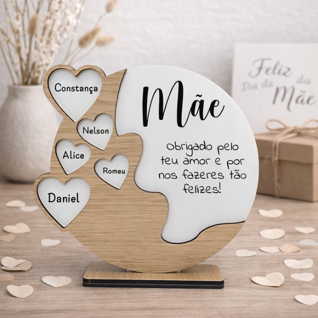 Placa Personalizada com Nomes e Dedicatória para Mãe Placa decorativa com corações e texto para o Dia da Mãe em madeira e branco