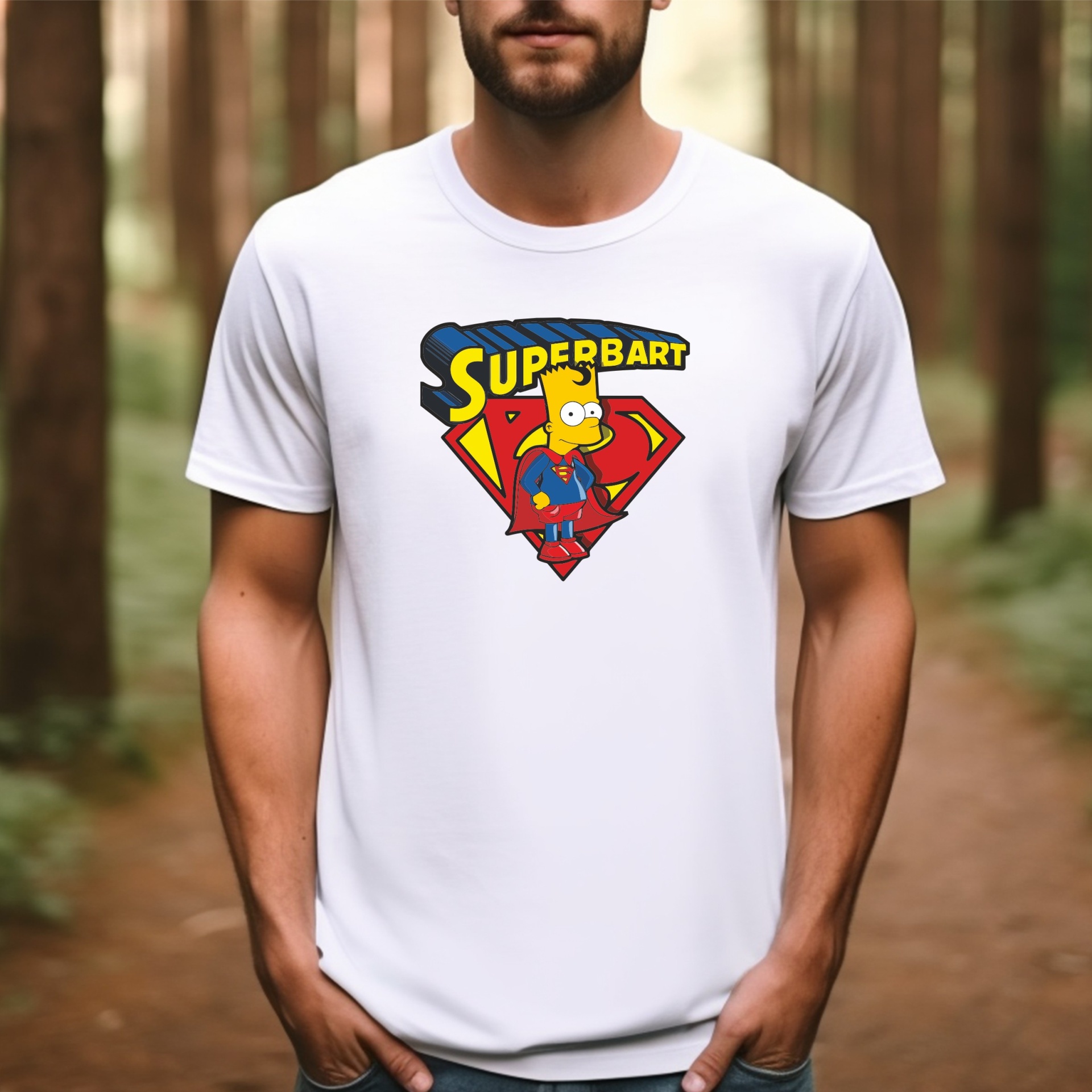 SuperBart T-shirt branca com estampa colorida de Bart Simpson vestido de super-herói e texto SUPERBART