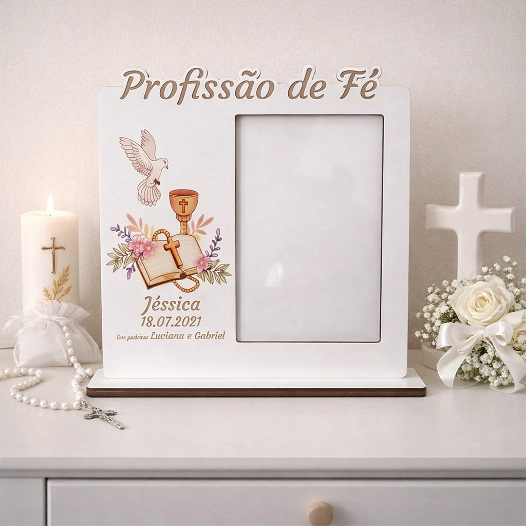 Moldura Batismo / Primeira Comunhão / Profissão de Fé / Crisma Moldura branca decorativa para foto de Profissão de Fé com texto personalizado e elementos religiosos