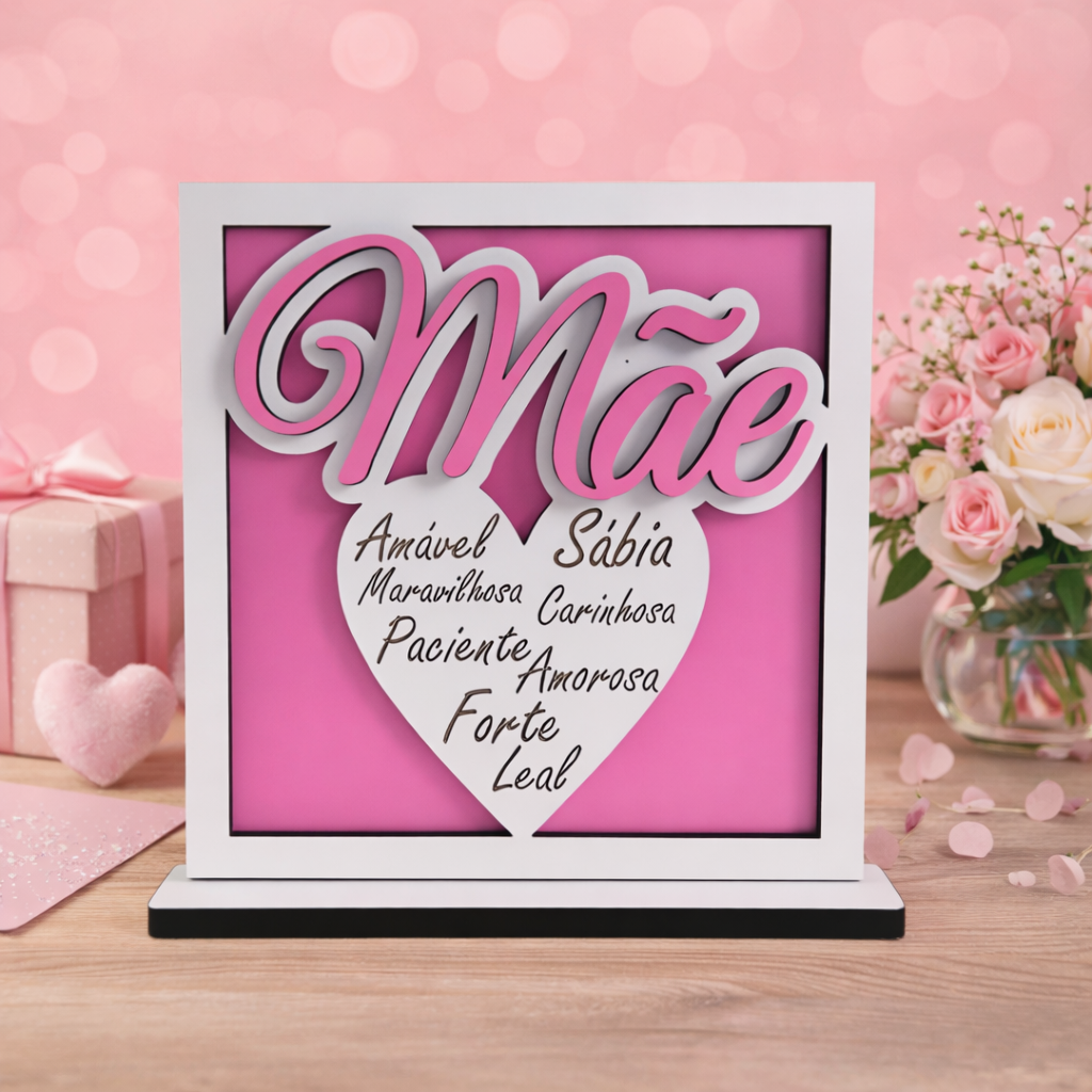 Placa para a Mãe – Coração com Adjetivos Placa decorativa com a palavra Mãe em destaque e palavras descritivas num coração branco, numa mesa com decoração rosa e branco