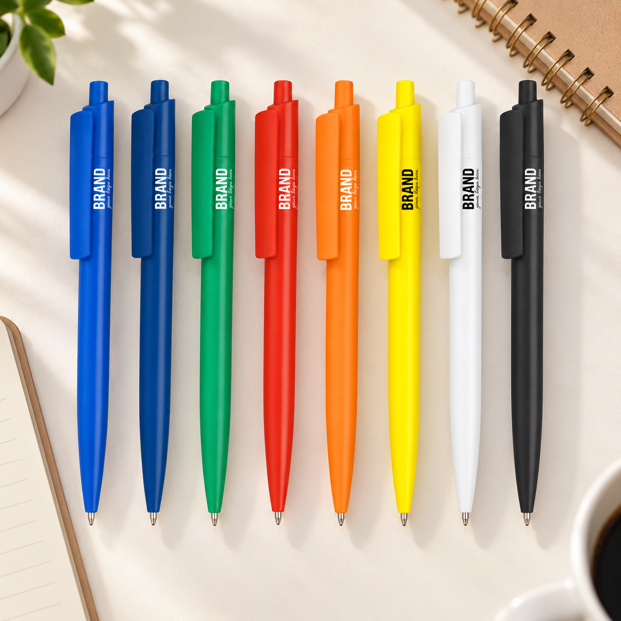 Esferográfica Personalizada Recycolor 131542 Canetas coloridas alinhadas com etiqueta BRAND em superfície branca