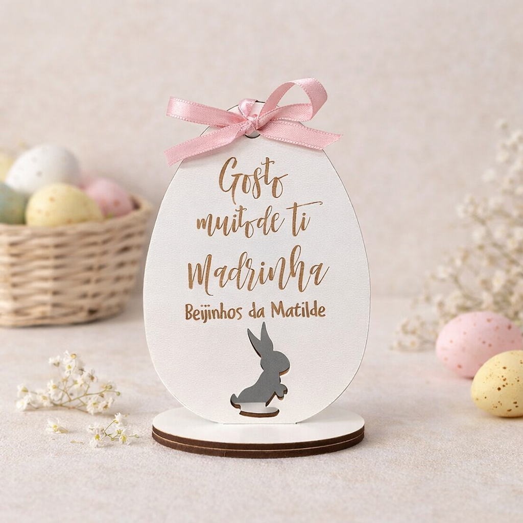 Placa "Ovo" para padrinhos Adereço decoração ovo de madeira branco com texto dorado e laço rosa