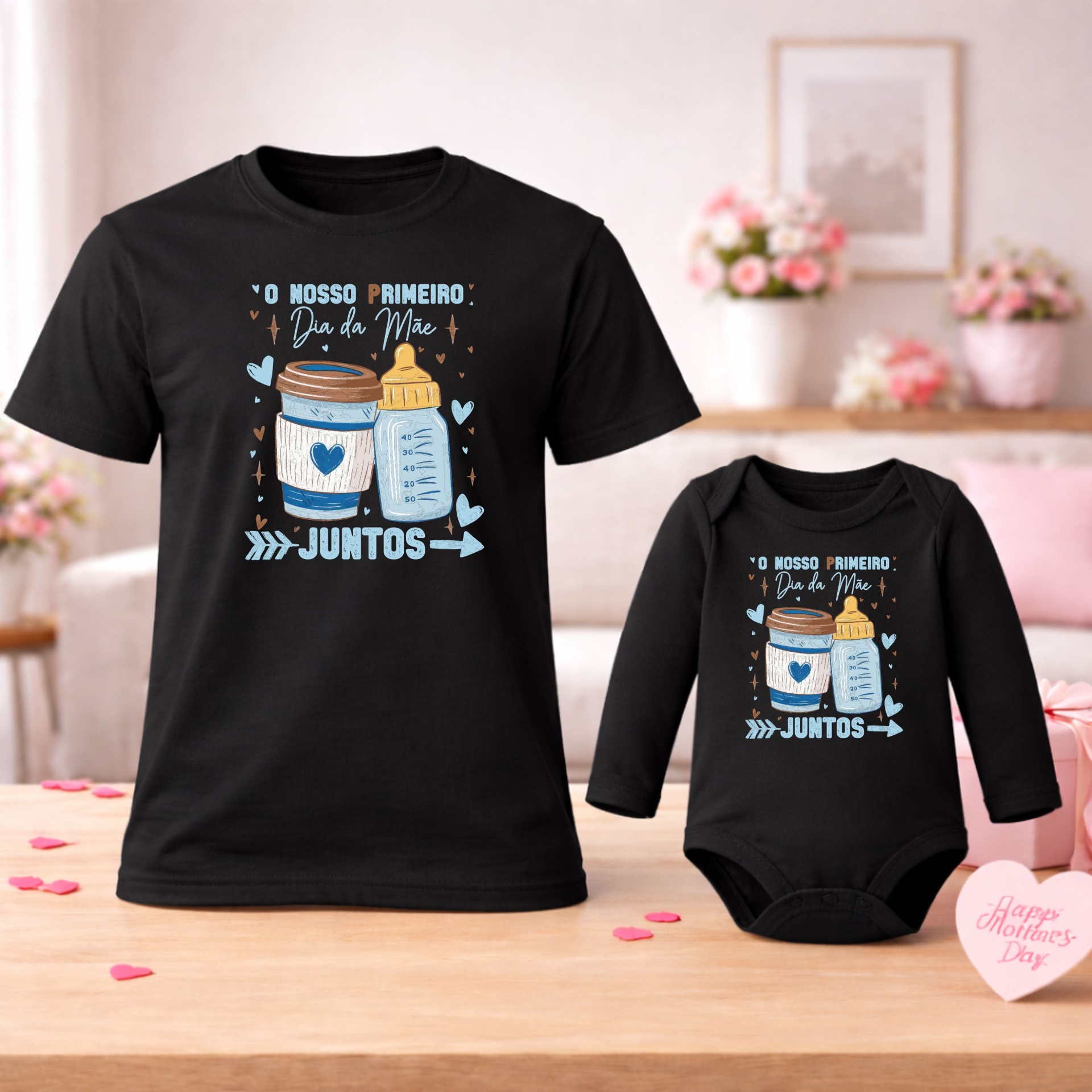 Conjunto Primeiro Dia da Mãe Juntos - Azul Conjunto de t-shirt e body pretos com desenho de copo de café e biberão e texto sobre o Dia da Mãe