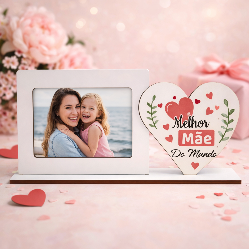 Moldura "Melhor Mãe do Mundo" Moldura branca com foto de mãe e filha e coração decorativo com frase Melhor Mãe Do Mundo