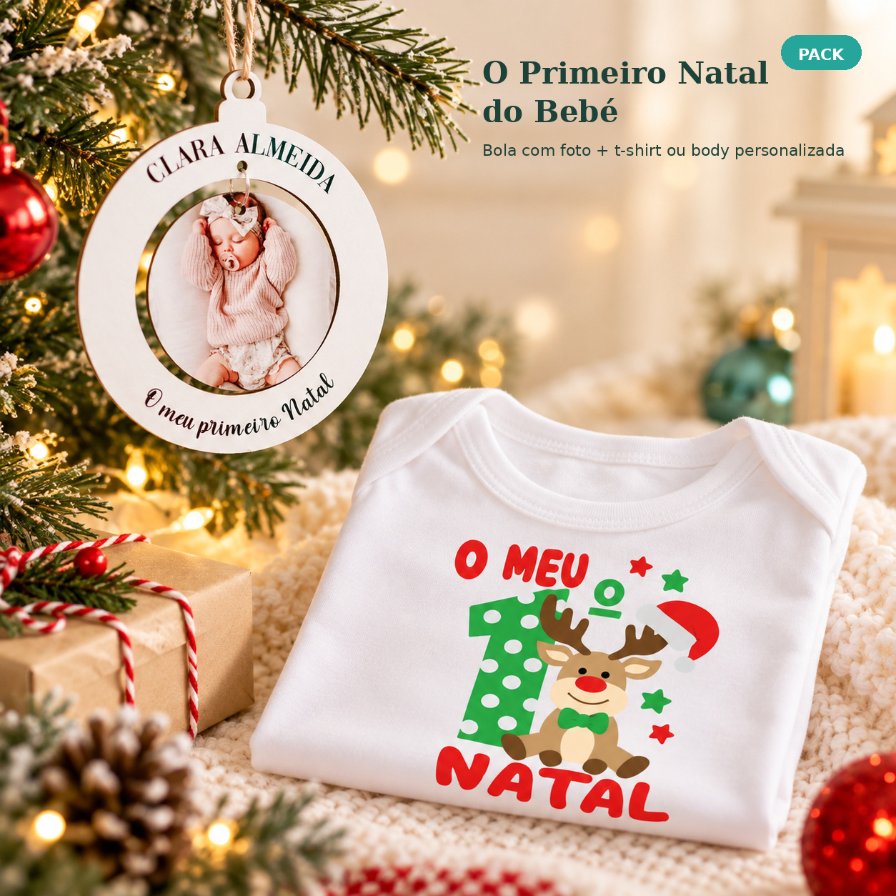 Pack Primeiro Natal – Bola com Fotografia + T-shirt Personalizada Body branco de Natal para bebé com estampa de rena e enfeite de madeira personalizado com foto e texto pendurado na árvore.