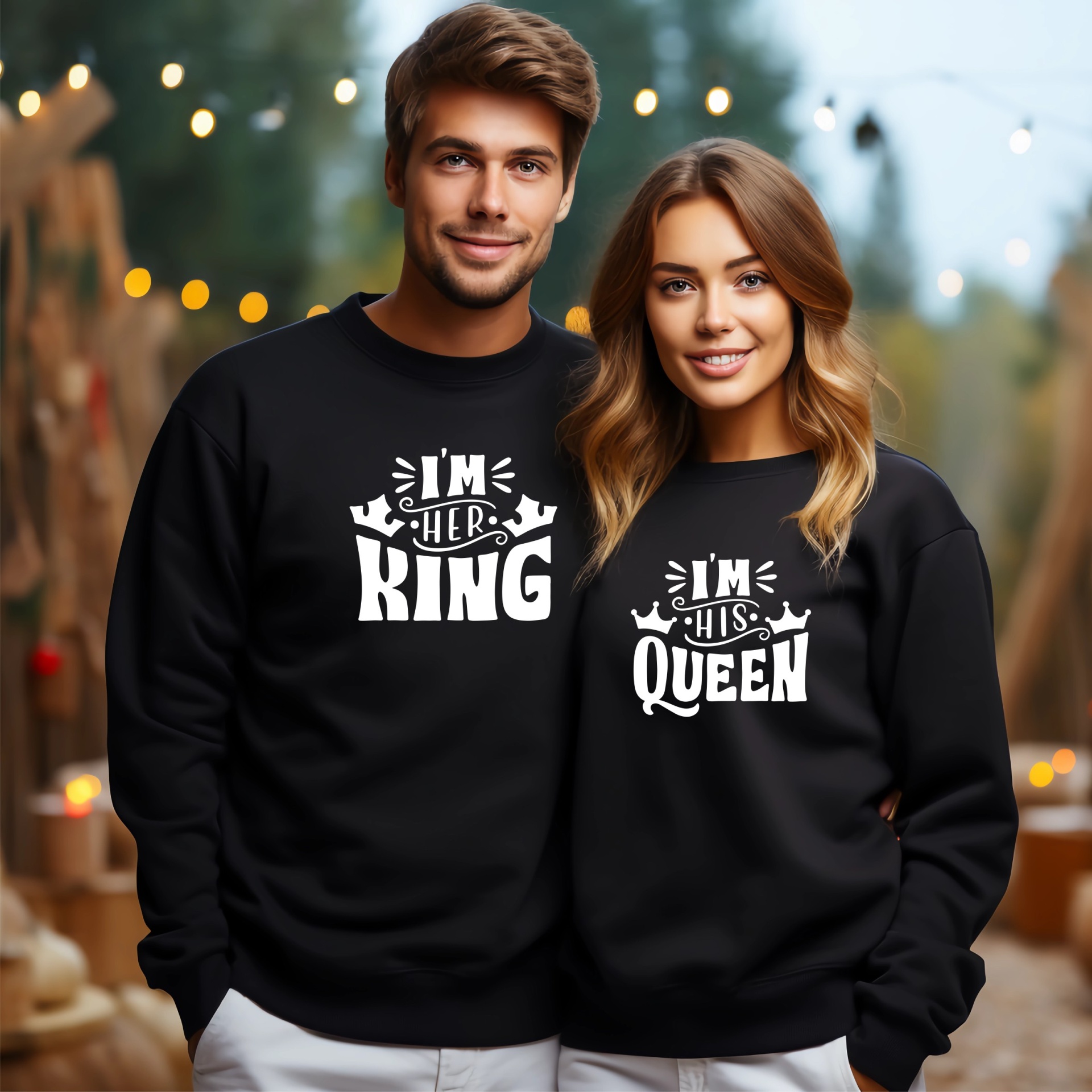 SweatShirts is/her queen/king Casal de sweatshirt combinando preto com texto branco ao ar livre
