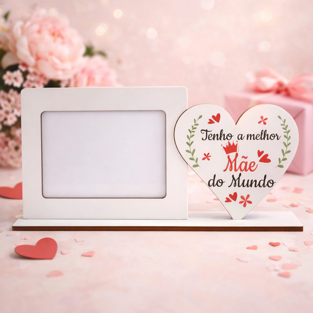 Moldura "Tenho a Melhor Mãe do Mundo" Moldura branca com coração decorativo e texto para o Dia da Mãe