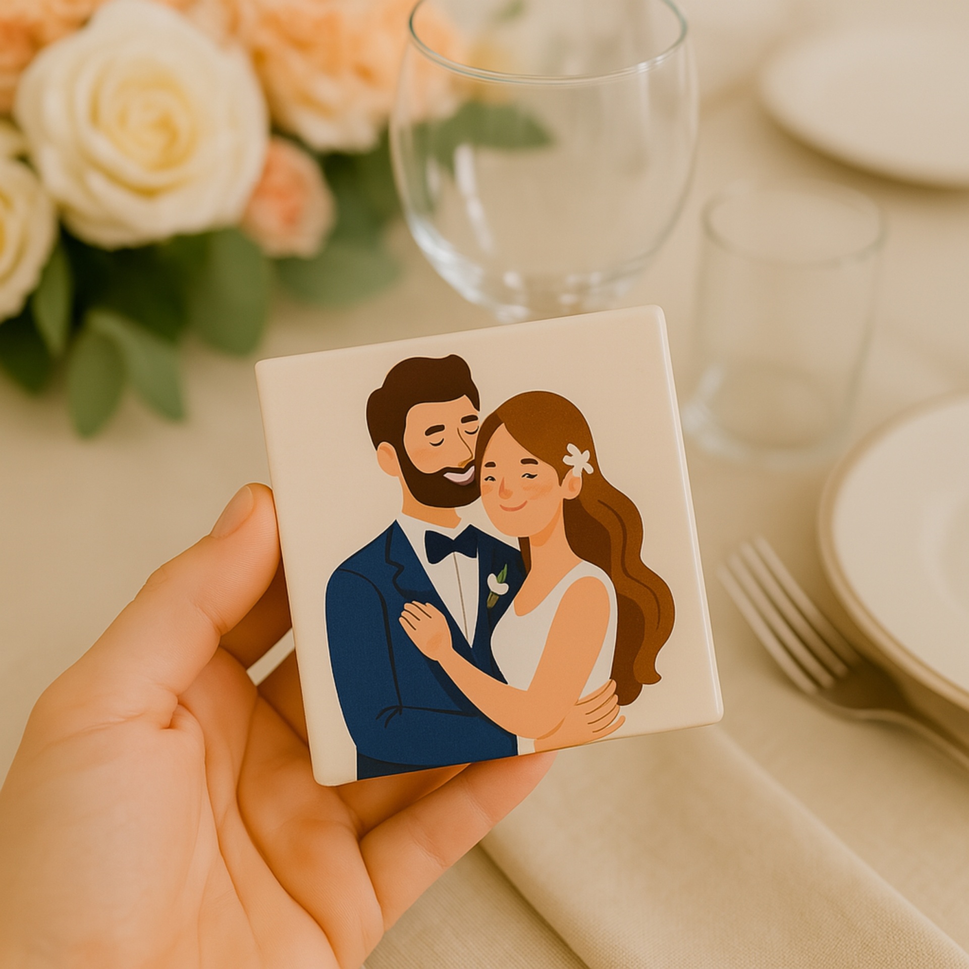 Azulejo Personalizado com Fotografia ou Desenho – Lembrança Única de Casamento Azulejo com ilustração de casal abraçado e mesa com flores, copos e pratos ao fundo
