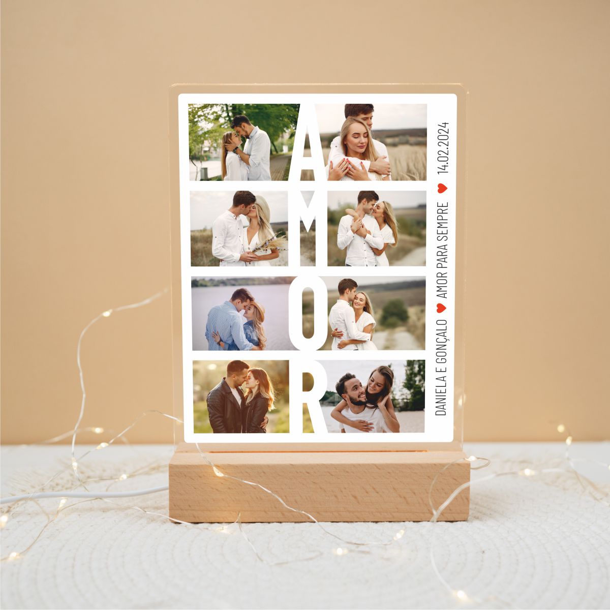 Luminária com fotos de casais, texto AMOR e personalização com nomes e data.