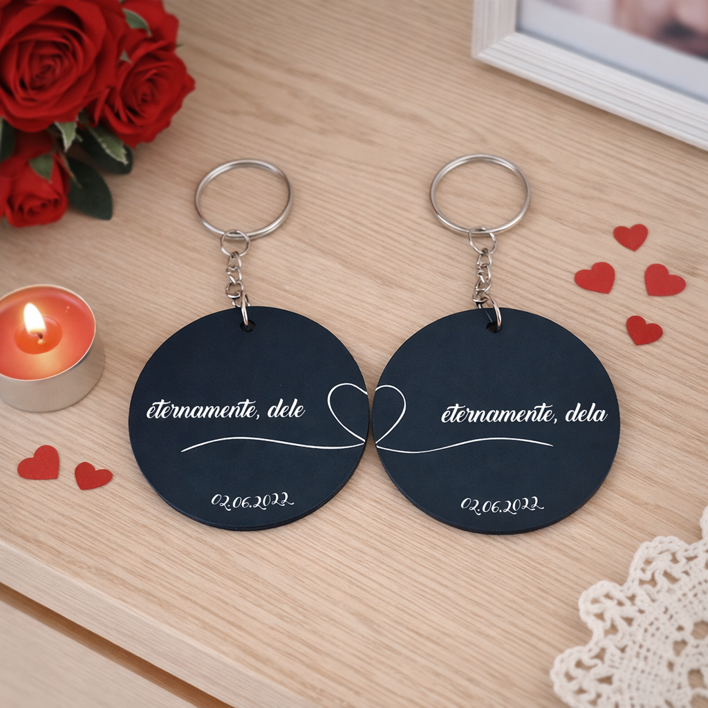 Porta-Chaves de Casal Personalizado – Amor Eterno Par de porta-chaves redondos negros com texto branco à superfície de madeira
