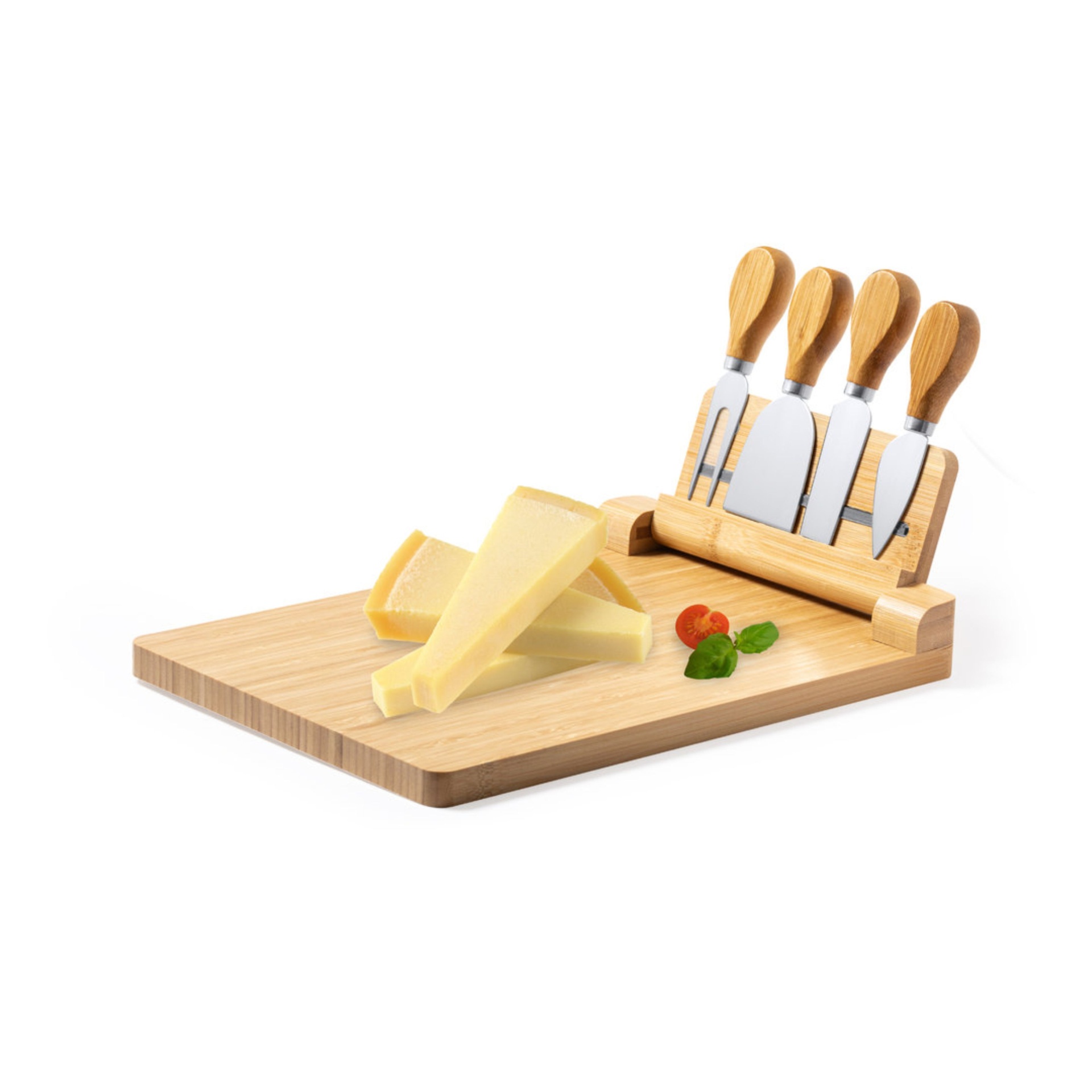 Set de Queijos Personalizado para o Dia do Pai: Mildred M1 Conjunto de facas para queijo com fatias de queijo e tomate cherry em fundo branco
