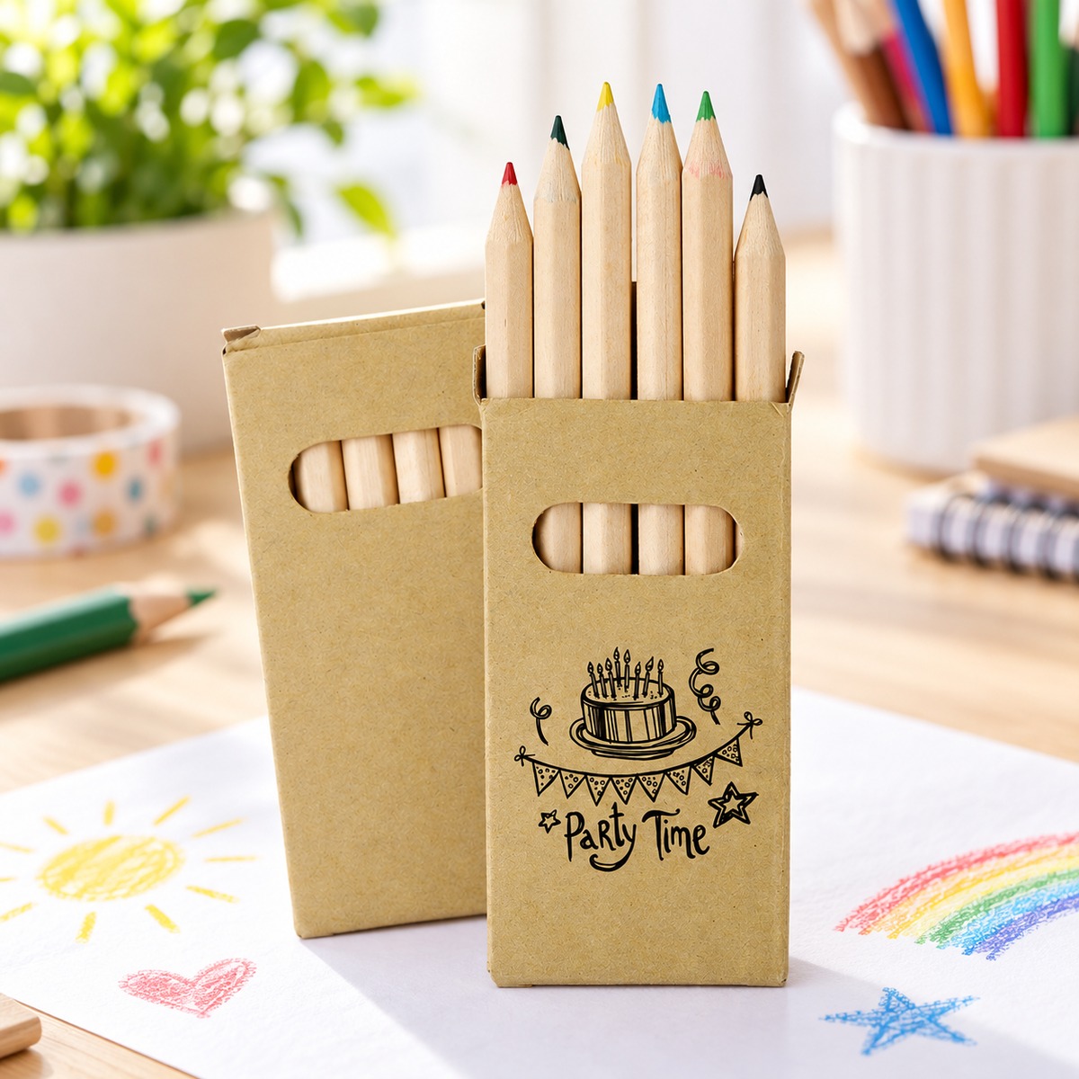 Conjunto de 6 Lápis de Cor Personalizados Funnyset Caixas de cartão com lápis de cor de madeira e desenho de bolo de aniversário com texto Party Time