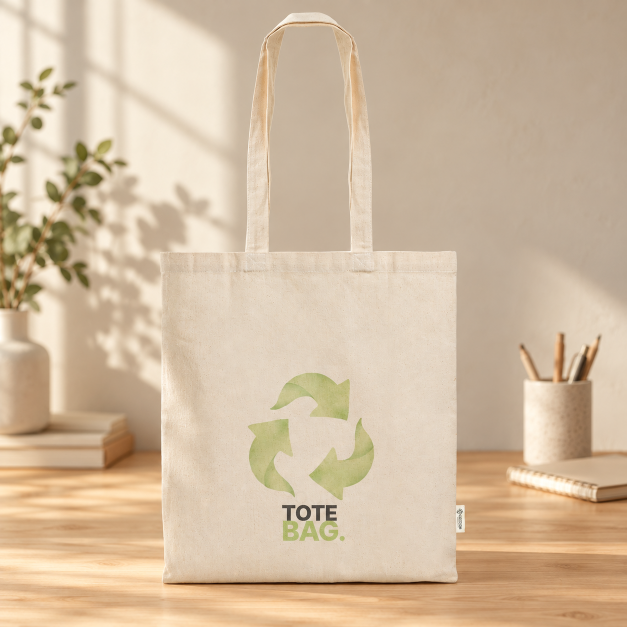 Saco Personalizado ReciCotton180 Saco tote de tecido cru com estampa verde e texto Tote Bag