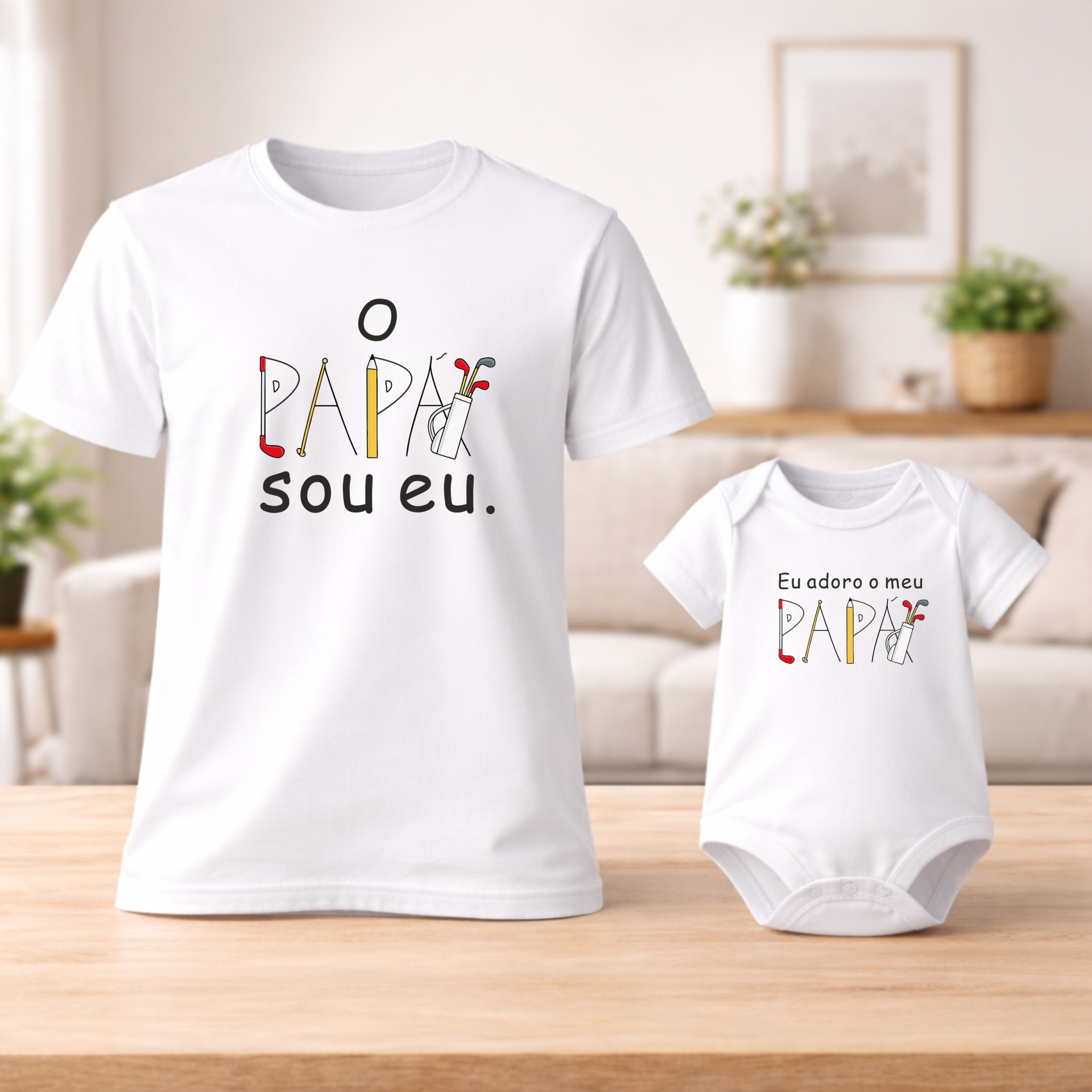 T-shirt “Adoro o meu Papá” Conjunto de t-shirt e body branco para pai e bebé com texto e desenhos de golfe.