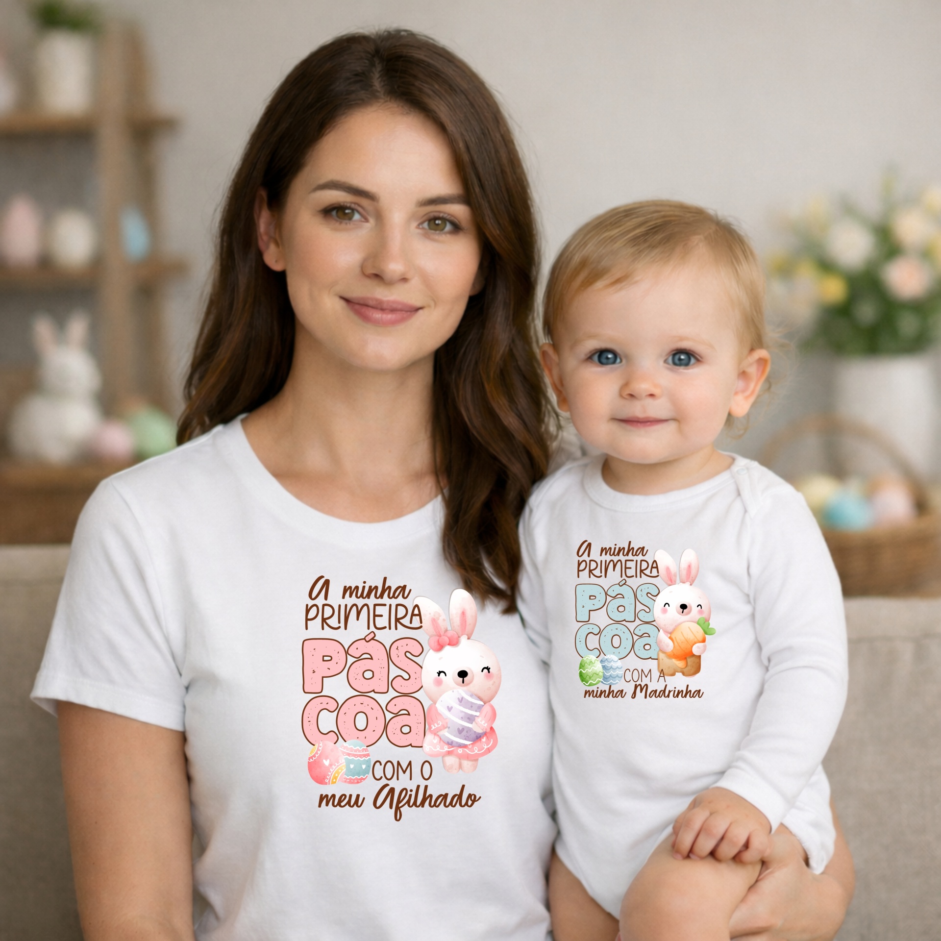 Conjunto T-shirt + Body "Primeira Páscoa - Padrinhos e Afilhados" Adulto e criança vestidos com roupa branca estampada com tema de Páscoa