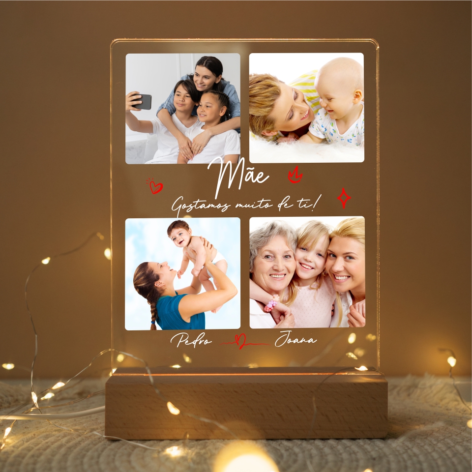 Painel acrílico iluminado com fotos familiares e texto de homenagem à mãe