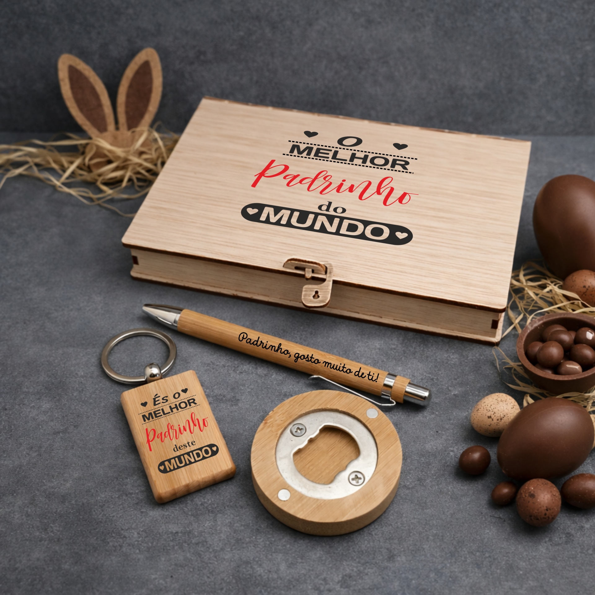 Caixa Personalizada 'Melhor Padrinho do Mundo' Conjunto de presente para padrinho com caixa, chaveiro, caneta e abridor em madeira