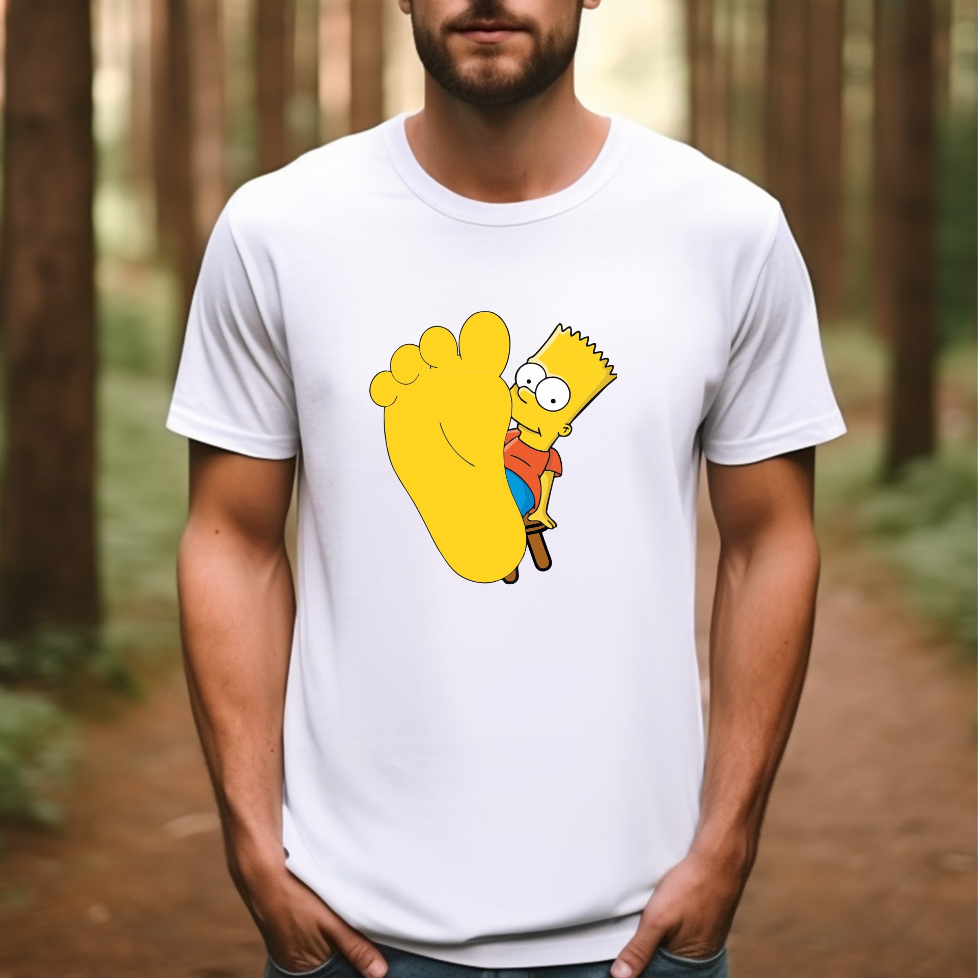 Bart Big Foot T-shirt branca com personagem Simpsons e pegada amarela
