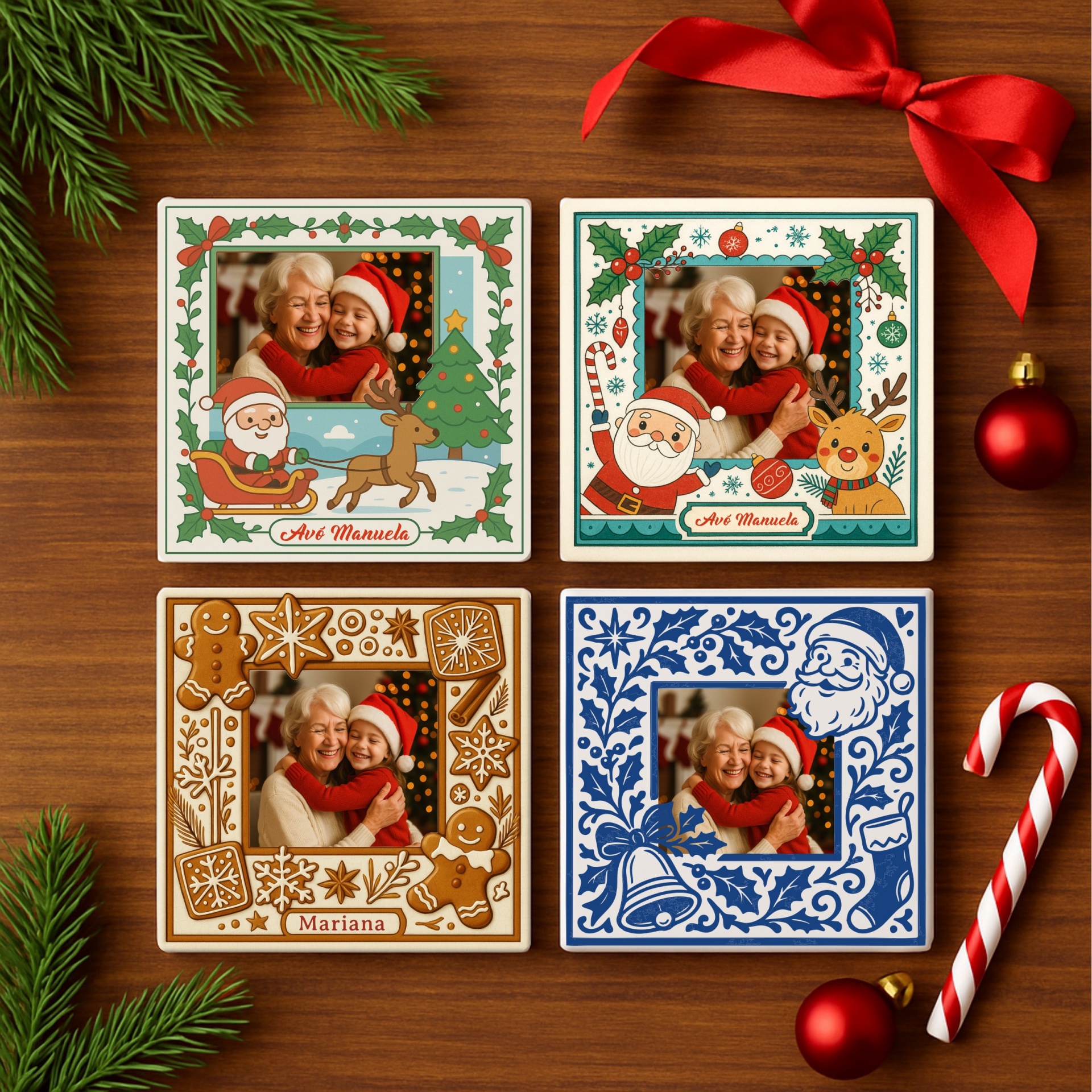 Azulejo com Íman Personalizado com foto e nome - Tema Natal Azulejos Personalizados Quatro molduras fotográficas de Natal com decoração festiva sobre mesa de madeira com acessórios natalícios ao redor.