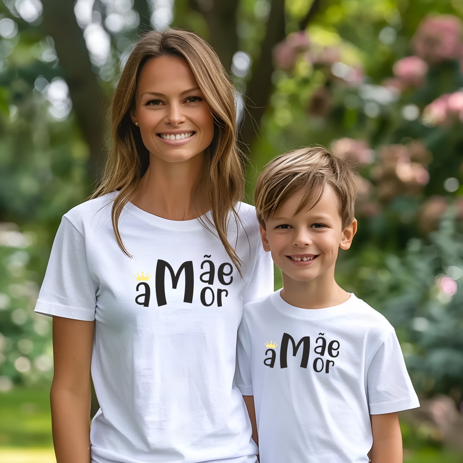 Conjunto "Mãe Amor" Camisetas brancas com texto preto e amarelo a Mãe Or usadas por mulher e menino em ambiente exterior