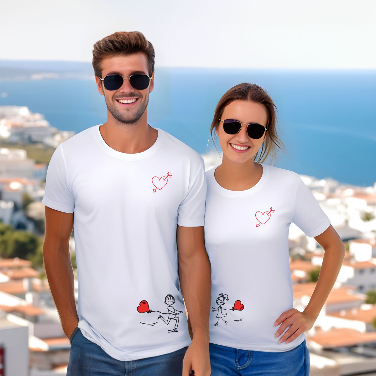 Casal com t-shirts brancas com desenhos de coração e figuras a correr, usando óculos escuros, com mar e cidade ao fundo