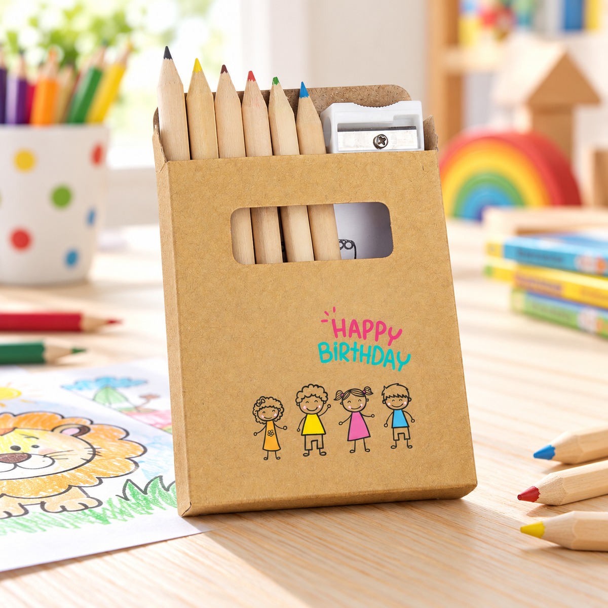 Conjunto de Desenho Drawyon com Lápis de Cor Personalizado Conjunto de lápis de cor naturais em caixa de cartão com design infantil e apontador branco