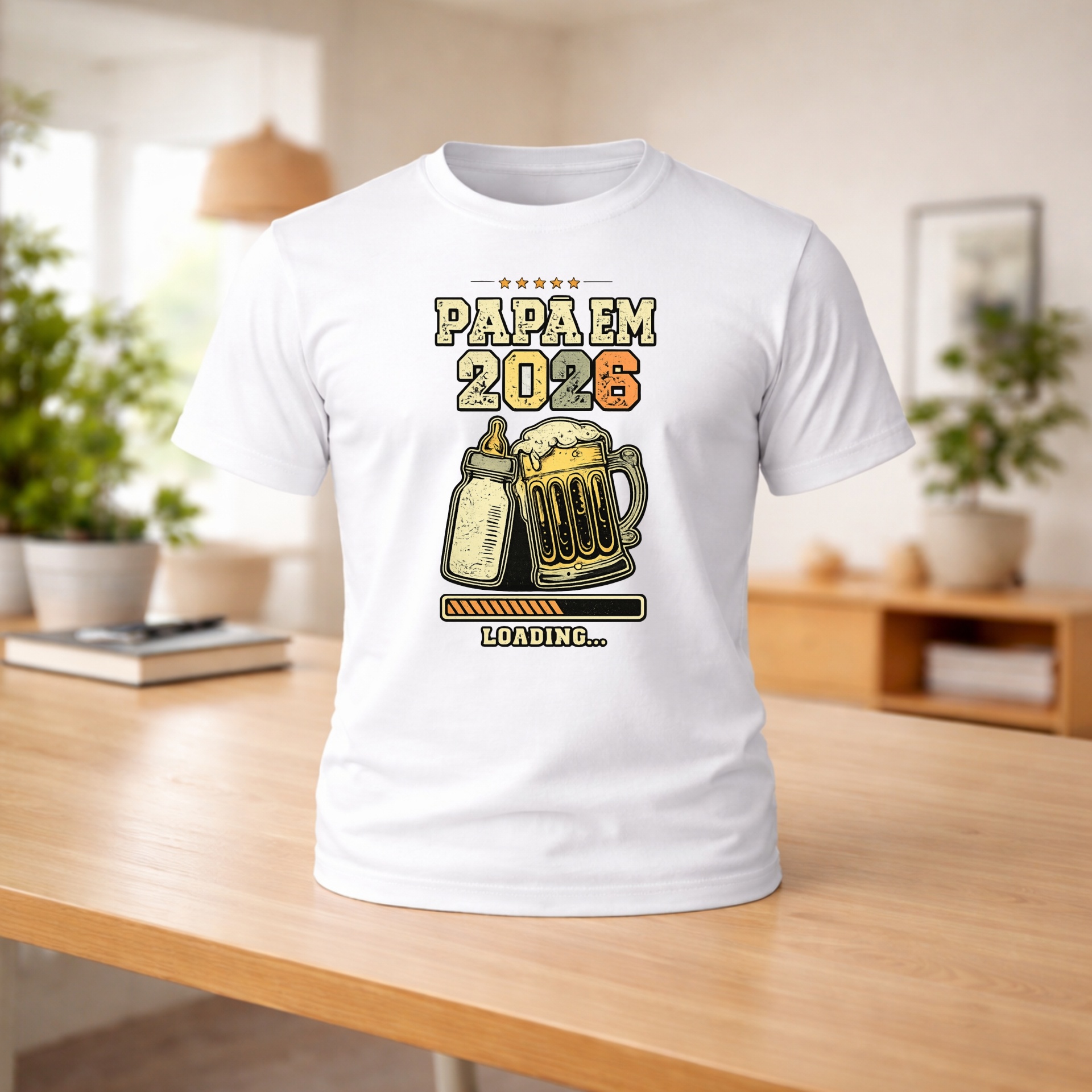 T-shirt “Papá em … Loading” T-shirt branca com design colorido e texto PAPÁ EM 2026 LOADING...