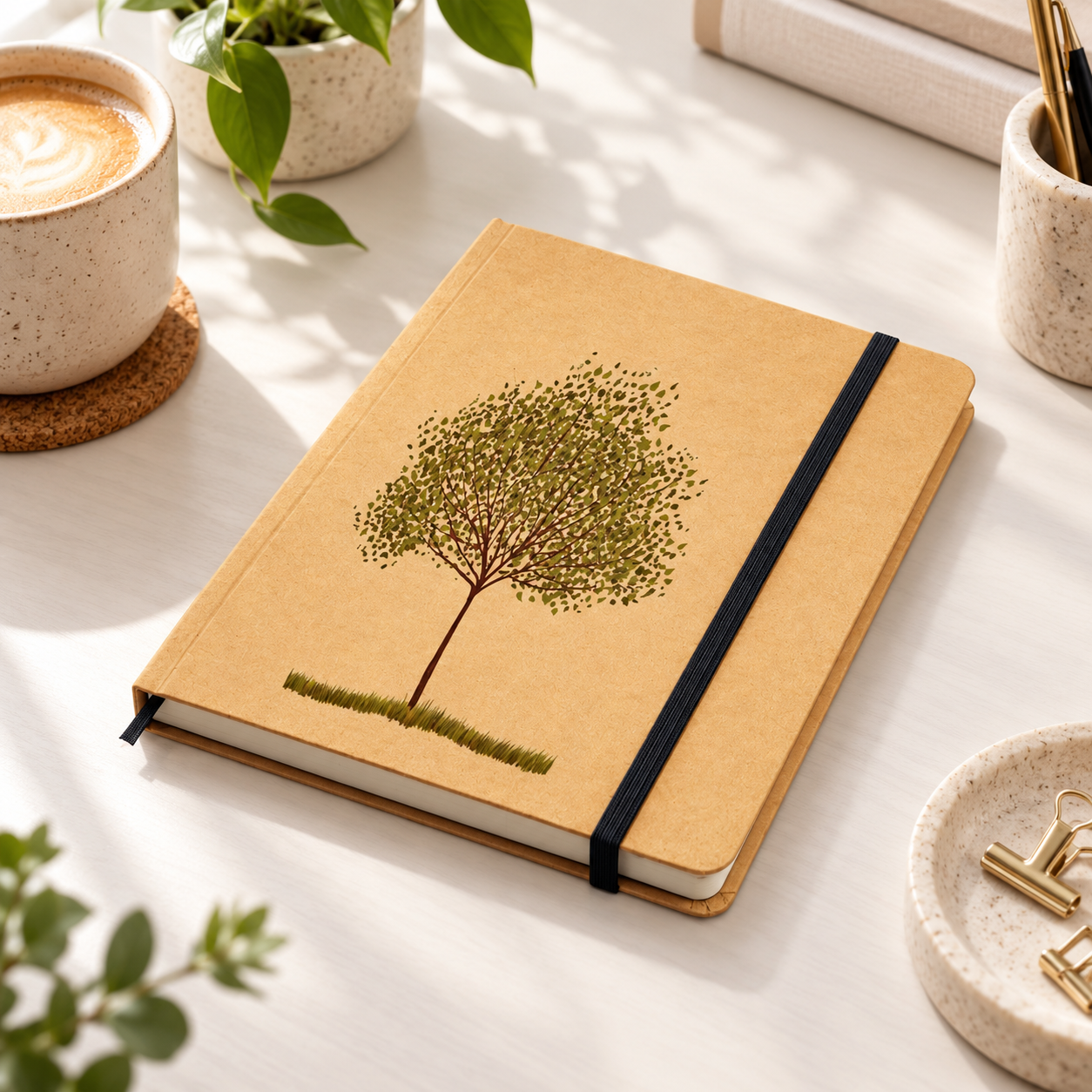 Bloco de Notas Craft A5 Personalizado Caderno com capa castanha clara e desenho de árvore, com elástico preto em mesa clara