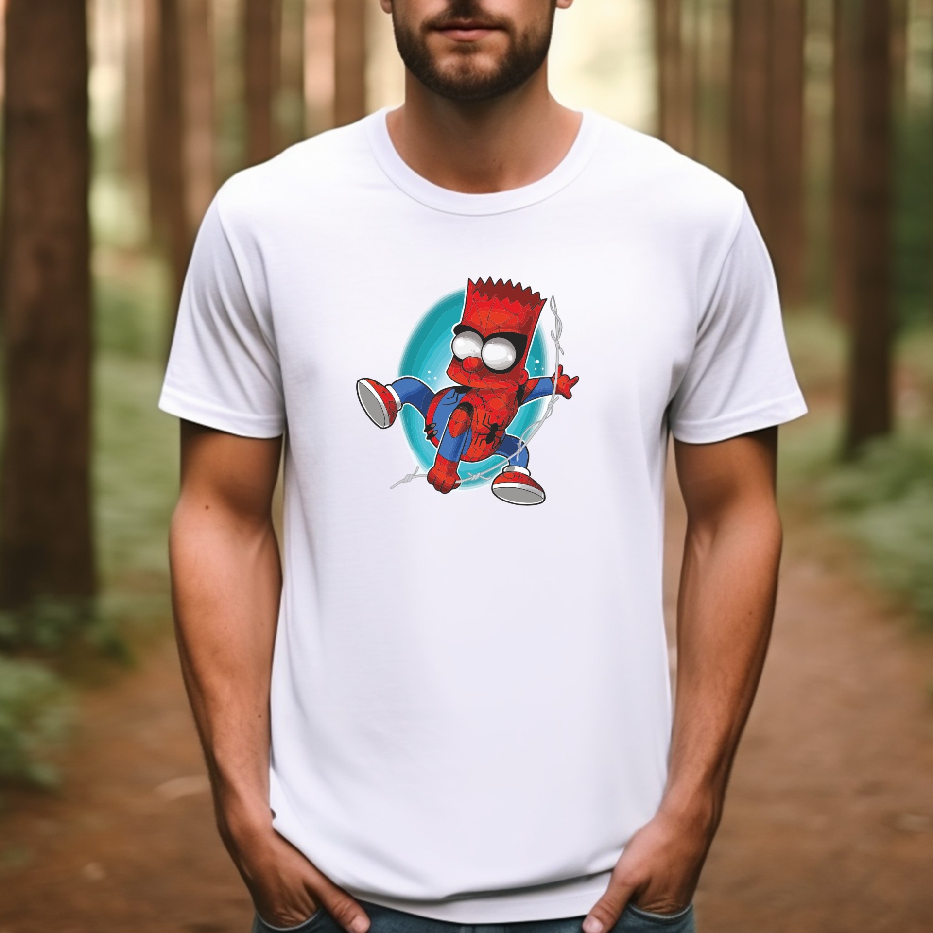 SpiderBart T-shirt branca com estampa cómica de personagem em cores vermelho, azul e branco.
