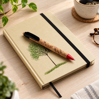 Caderno bege com ilustração de árvore e caneta de cortiça sobre mesa de madeira