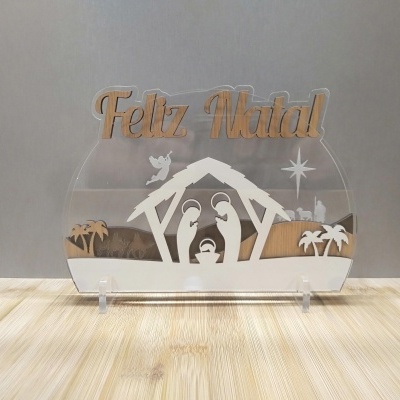 Decoração acrílica da Natividade com texto Feliz Natal em madeira