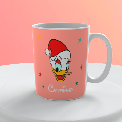 Caneca de cerâmica rosa com desenho de pato e texto CARMINHO