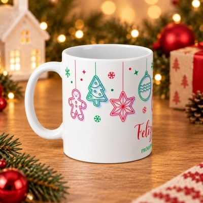 Caneca branca decorativa de Natal com desenhos coloridos e texto, em mesa de madeira com decoração natalícia.
