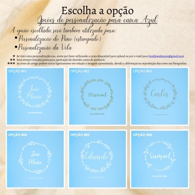 Opções de personalização para caixa Azul com seis designs de papel azul claro e nomes personalizados