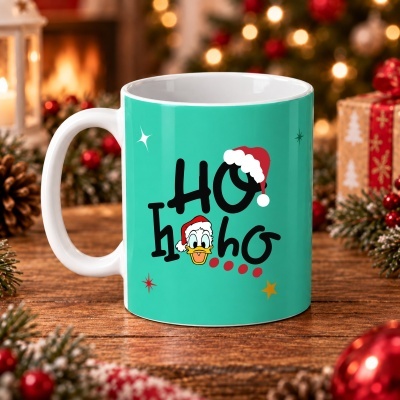 Caneca verde com texto natalício e Pato Donald em mesa de madeira com decoração de Natal