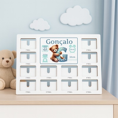 Organizador branco para meses do bebé com ursinho e dados de nascimento Gonçalo
