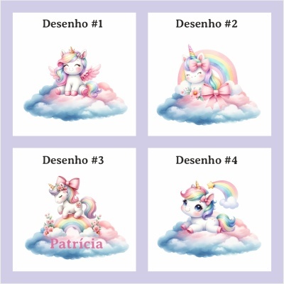 Quatro ilustrações de unicórnios coloridos sobre nuvens e arco-íris