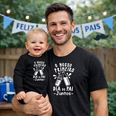 Pai e bebê com t-shirts pretas O NOSSO PRIMEIRO DIA DO PAI - Juntos - em festa com decoração azul e branca